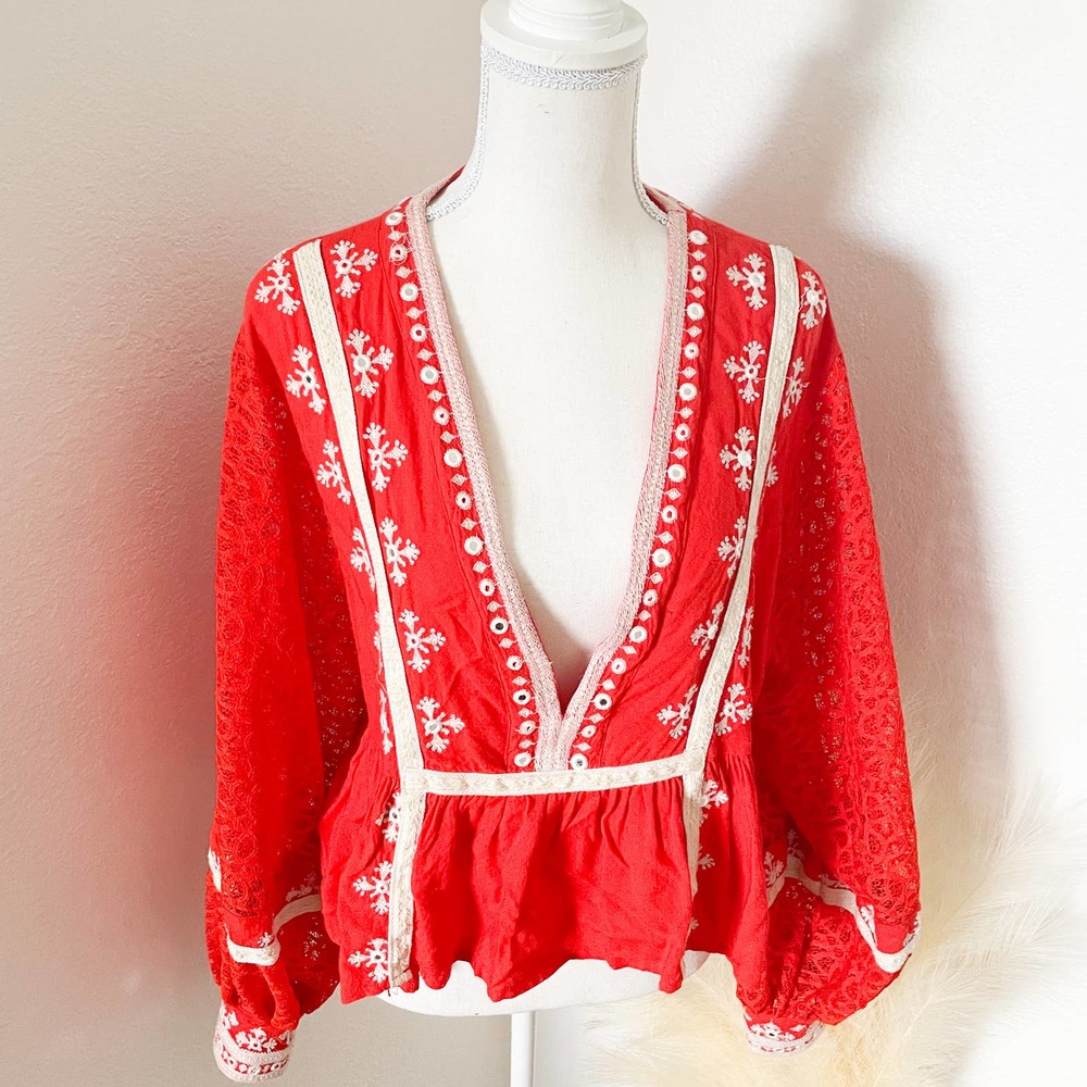 Free People Lace Sleeve Embroidered Boho Top